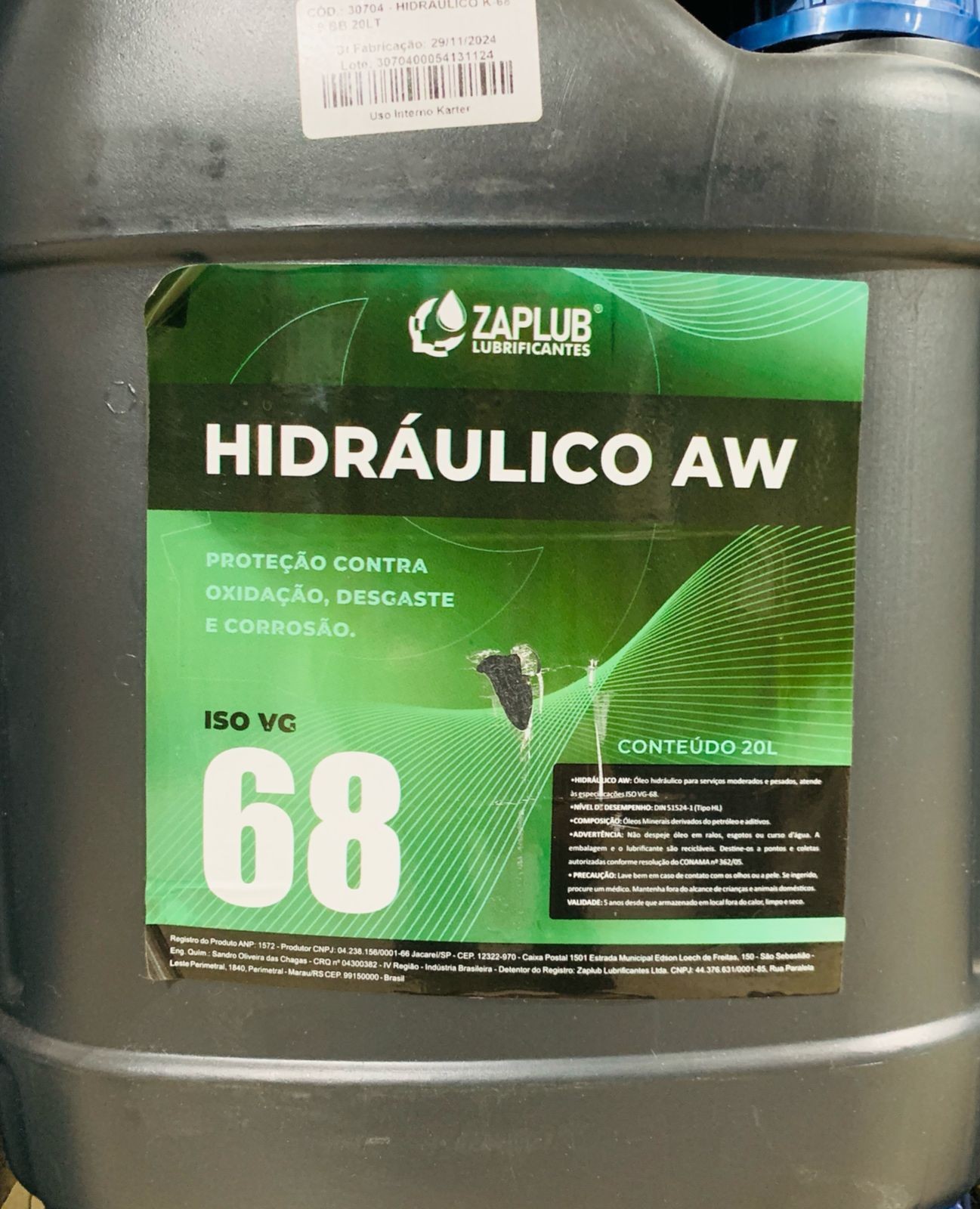 Óleo Hidráulico ZapLub AW ISO VG 68 - 20 Litros
